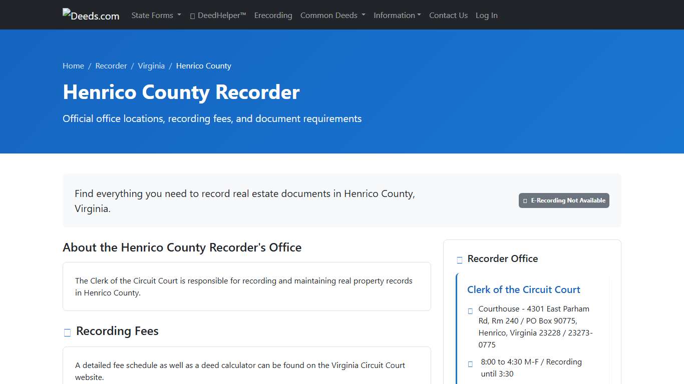 Henrico County Recorder Information, Virginia - Deeds.com